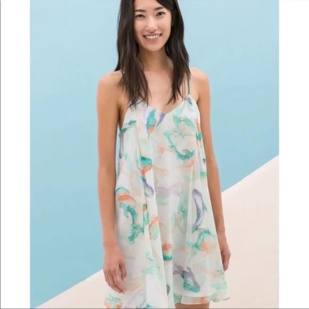 Zara Ivory Koi Fish Watercolor Spaghetti Strap Short Flowy Dress Size M